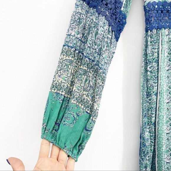 Angie Blue and Green Parsley Print w Balloon Sleeves & Lace detail S - Picture 8 of 10